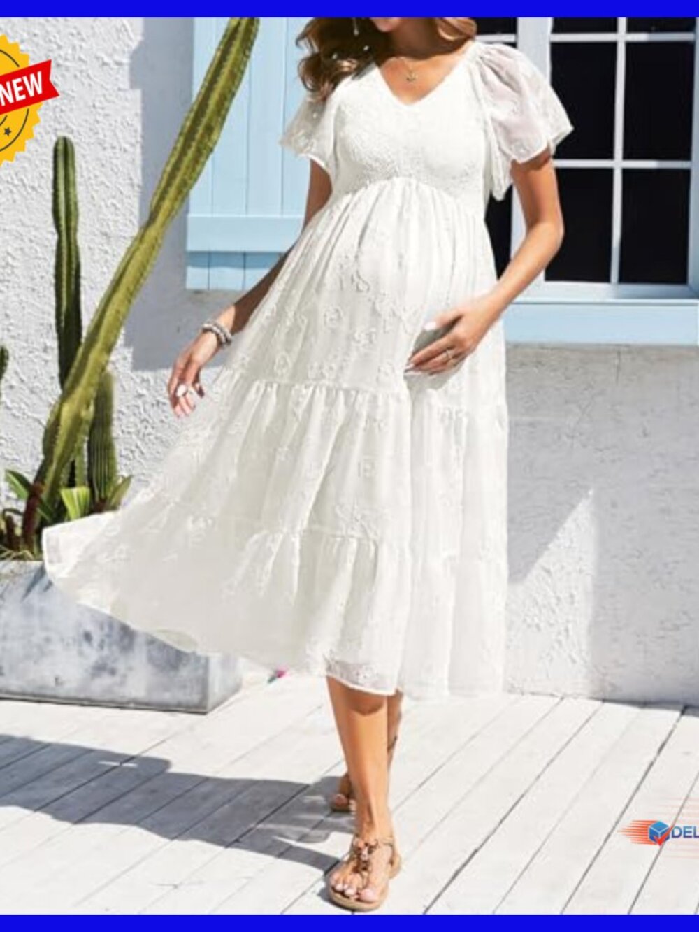 Maternity Midi Dress Flutter Sleeve Smocked Top A-Line Casual Summer - Picture 4 of 7